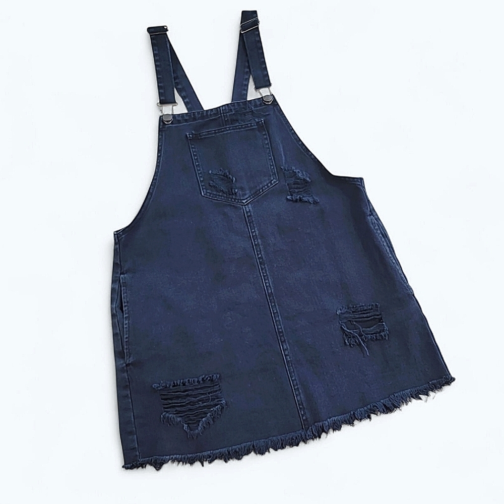 Cello Black Distressed Denim Overall Dress Size Medium Fringe Frayed Hem